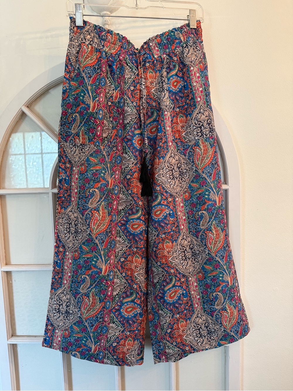 Boho Paisley Wide Leg Pants Cotton Linen Blend Drawstring Tassel Blue Orange